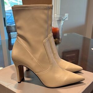 Franco Sarto Cream Pointed Toe Block Heel Ankle Boots